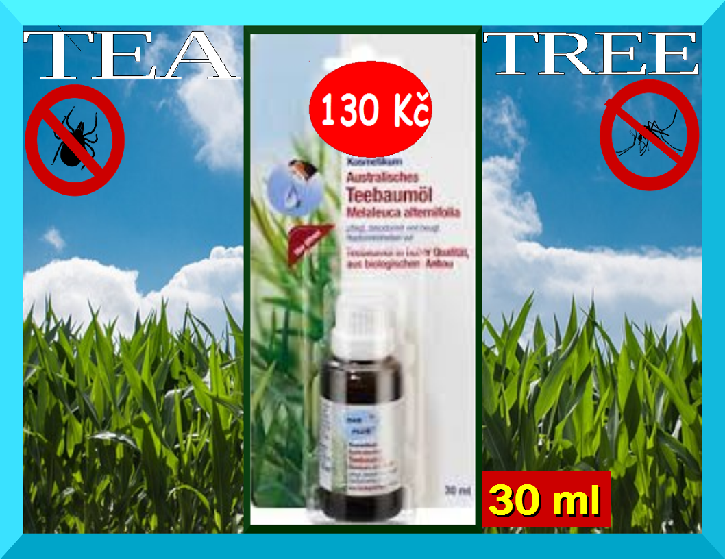 100% istý a pírodní éterický olej (Melaleuca alternifolia). Obsahuje nejcennjší látky cineol pod 3% a terpenin-4-ol minimáln 39%. Tea Tree olej má velmi širokou škálu svého pouití. Lze jej pouít jako pírodního repelentu proti komárm a klíšatm. Mnoství 30 ml.
